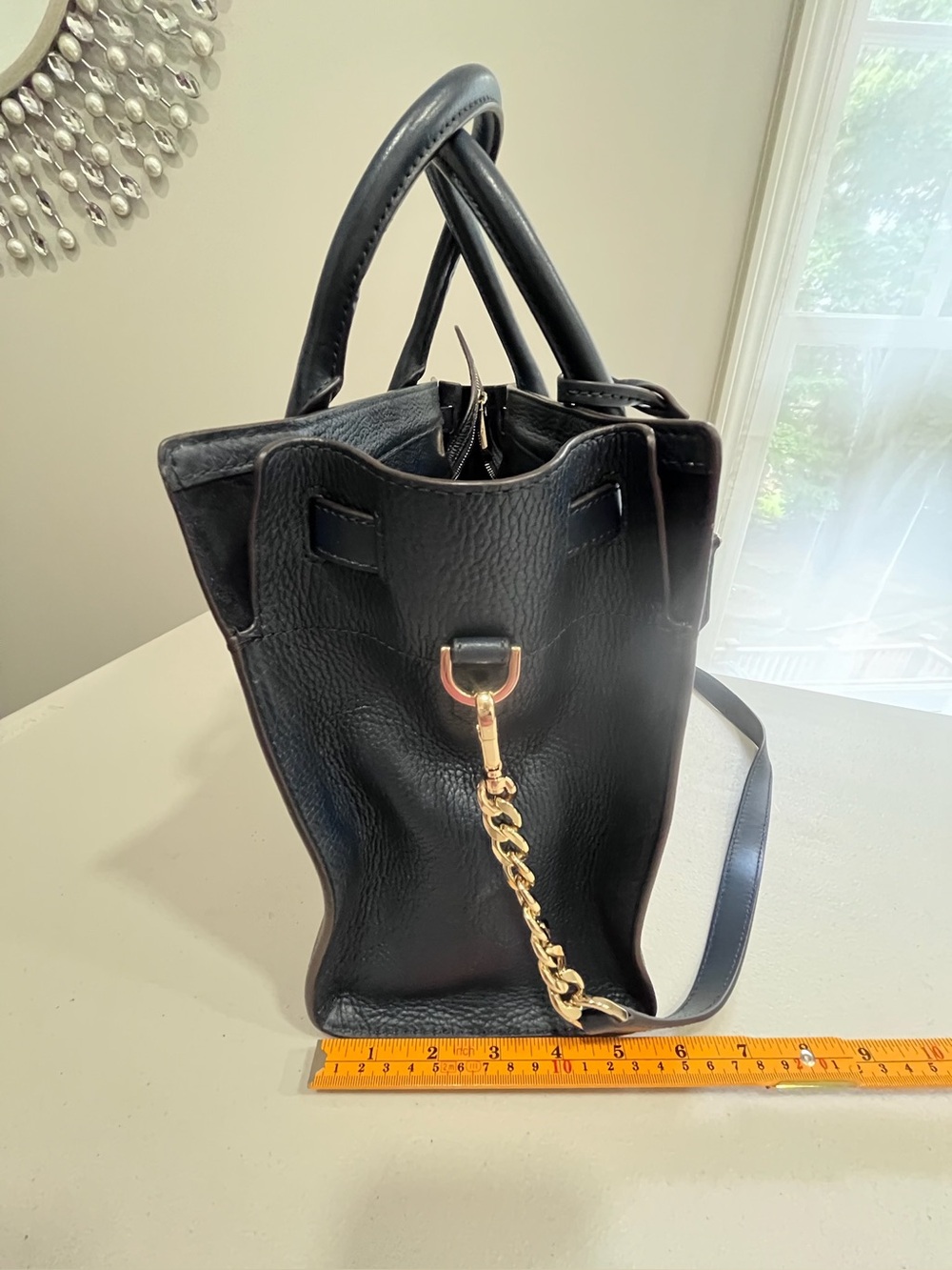 Michael Kors Hamilton Traveler Brown Navy Stripe Logo Leather Large Satchel - Picture 5 of 10